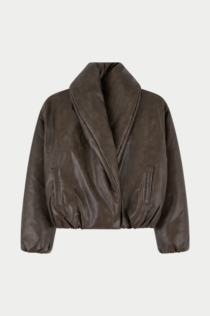 OVERSIZED COLLAR DISTRESSED FAUX LEATHER PUFFER COAT - BROWN | The Couture Club