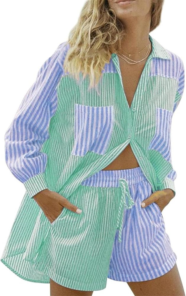 KYLASIEN Women Casual 2 Piece Tracksuit Sets Oversized Long Sleeve Stripe Patching Shirts Loose M... | Amazon (US)