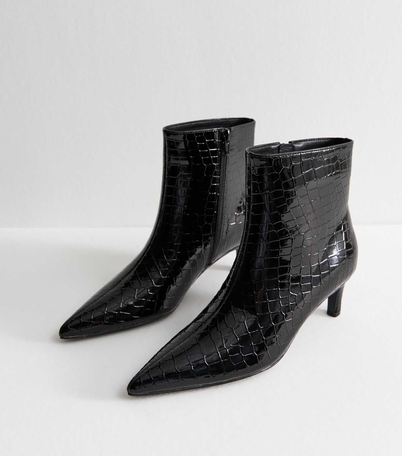 Black Crocodile Effect Faux Patent Leather Point Toe Ankle Boots | New Look | New Look (UK)
