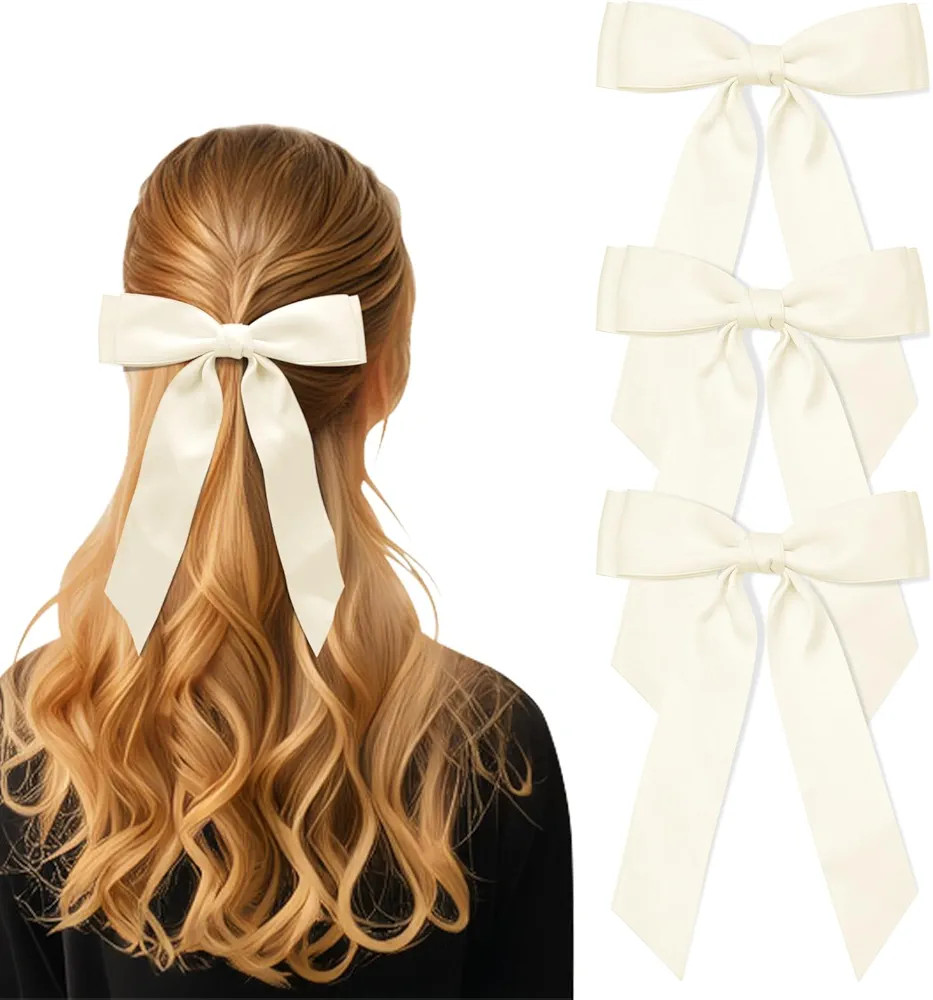 3Pcs Beige Hair Bows for Women Double-Layer Long Tail Bow Hair Clip Hair Ribbon Ponytail Holder H... | Amazon (US)