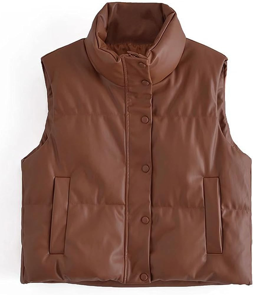 PU Leather Quilted Puffer Vest Women Stand Collar Zip Up Sleeveless Padded Lightweight Jacket Ves... | Amazon (US)