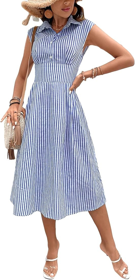 WDIRARA Women's Striped Print Dress Collar Button Up Cap Sleeve High Waist Midi Shirt Dresses | Amazon (US)
