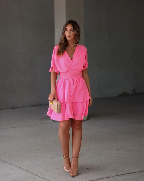 Spring Melody Chiffon Smocked Tiered Mini Dress - Coral Pink | VICI