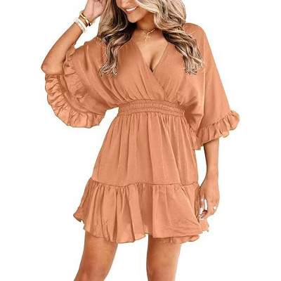 Imily Bela Womens V Neck Casual Dresses Summer Loose High Waist Ruffle Pleated Cute Mini Short Dress Orange L | Target