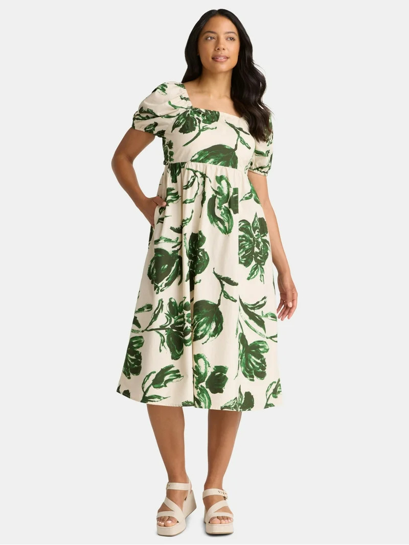 Time and Tru Women's Cotton Tie Back Midi Dress, Sizes XS-XXXL | Walmart (US)