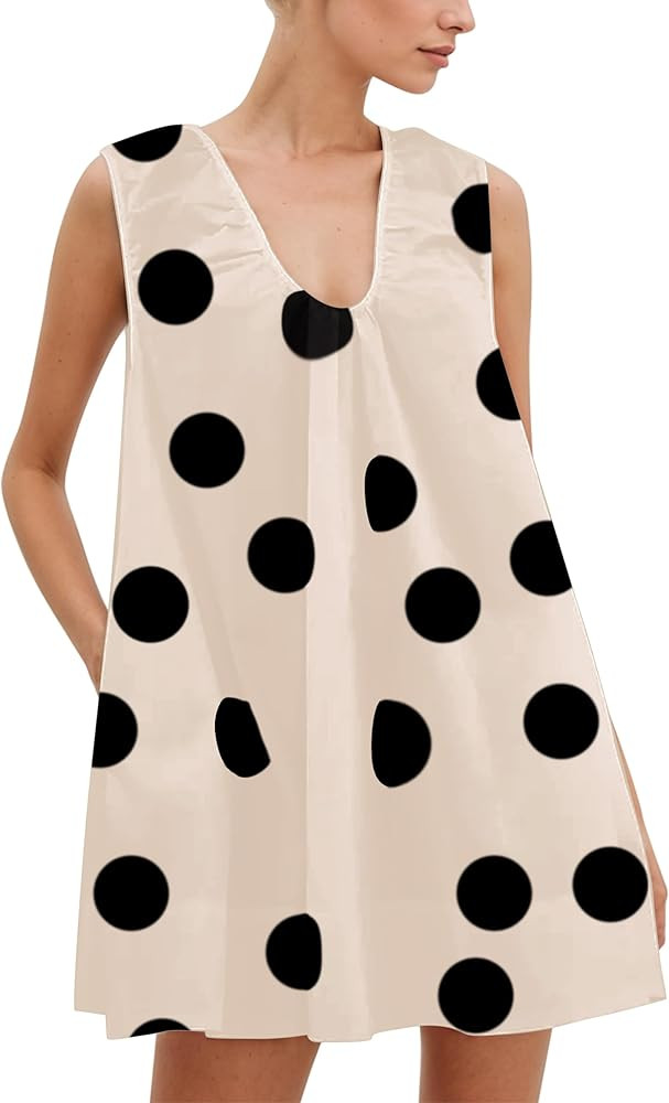 Meladyan Women's Polka Dot Babydoll Mini Dress Scoop Neck Sleeveless Summer Tank Dresses with Poc... | Amazon (US)