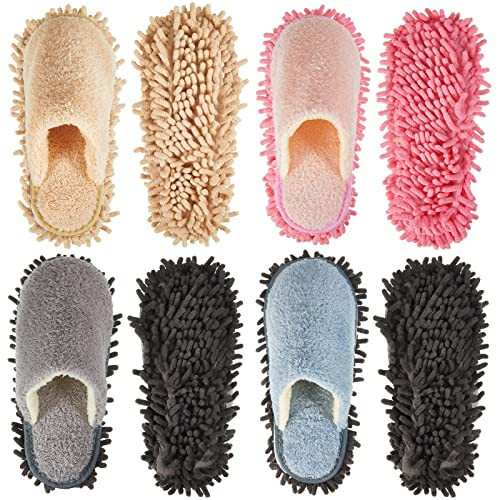 Gerrii 4 Pair Microfiber Cleaning Mop Slippers - Detachable Washable House Mop Slippers for Men and Women, Ideal for Kitchen Floor Dust Cleaning, Includes Blue, Gray, Pink, Beige(Large) | Amazon (US)