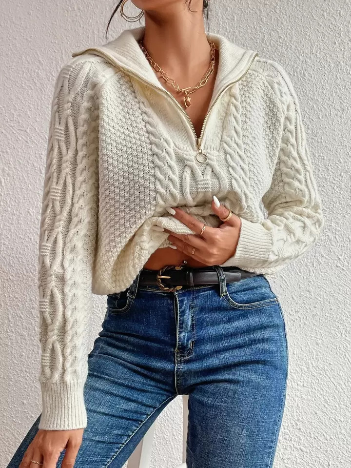 SHEIN EZwear Cable Knit Half Zip Sweater | SHEIN