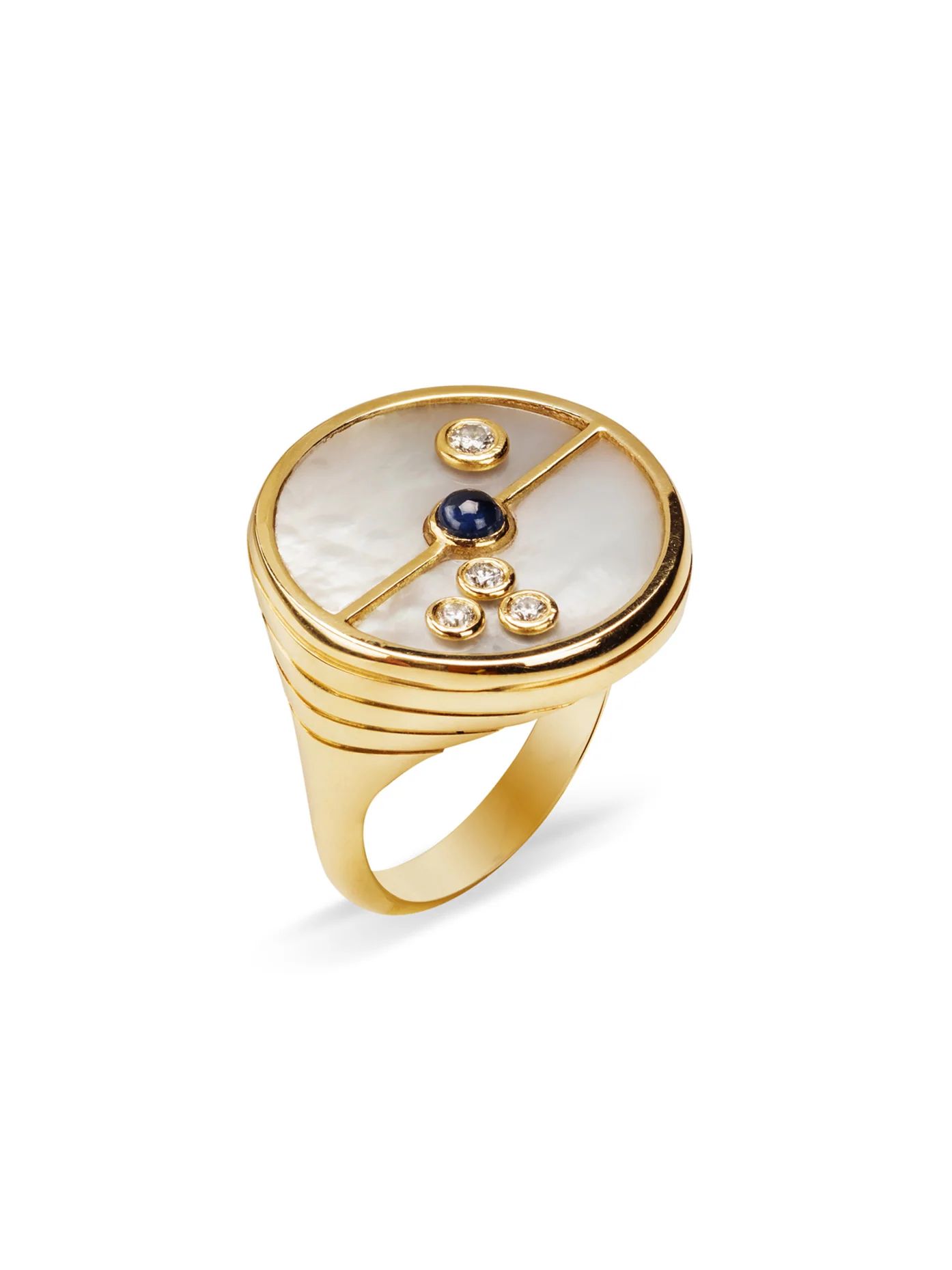 Mother of Pearl and Blue Sapphire Compass Yellow Gold Ring | YLANG 23