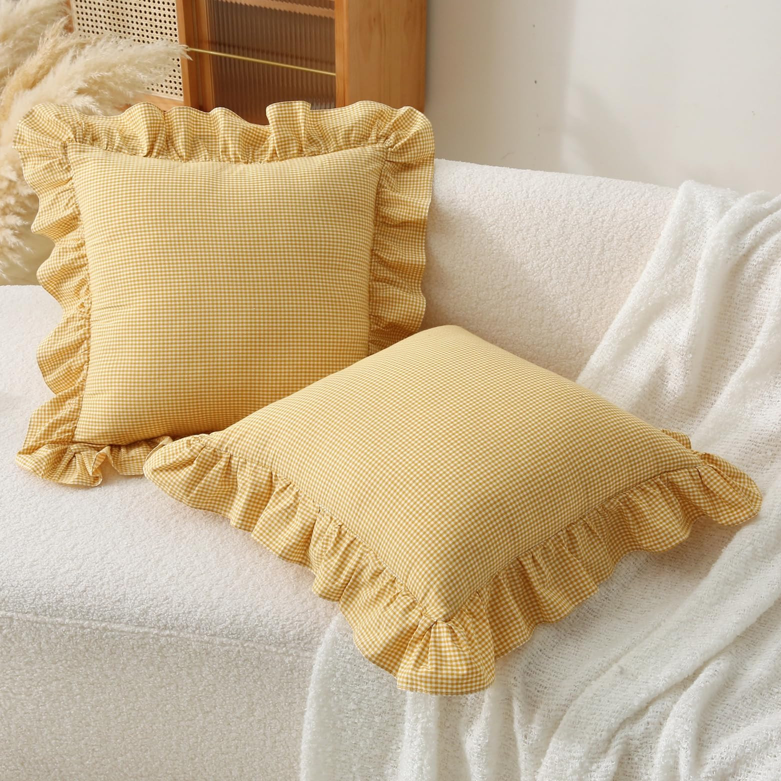 2 Pack 18 x18 inches Yellow/White Checkered Throw Pillow Covers 100% Washed Cotton Vintage Ruffle... | Amazon (US)