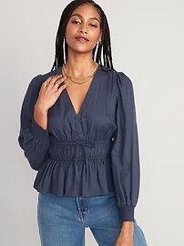 Waist-Defined Smocked Tie-Front Blouse for Women | Old Navy (US)
