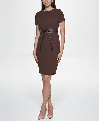 Solid Faux-Leather Tie-Waist Sheath Dress | Macy's