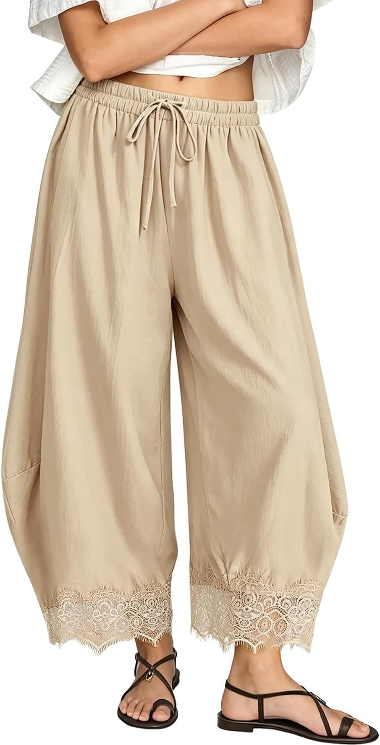 Women's Cropped Wide Leg Palazzo Pants Lace Trim Trousers with Pockets | Amazon (US)