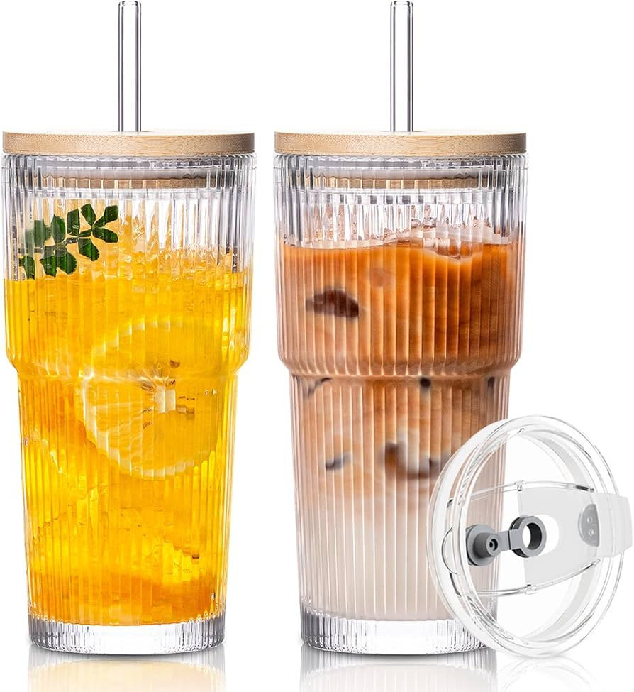 SoulTimes 20oz Glass Cups with Lids and Straws, Ribbed Glass Tumbler for Iced Coffee, Smoothie, J... | Amazon (US)