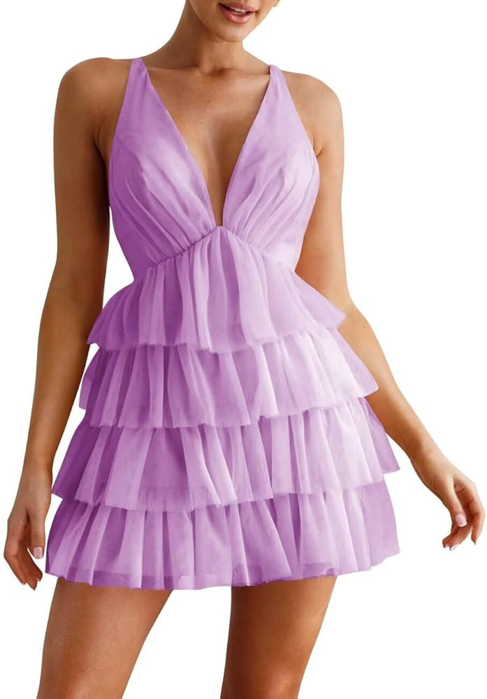Tulle V Neck Homecoming Dress Layered Criss-Cross Back Halter Frill Mini Dress Spaghetti Straps S... | Amazon (US)