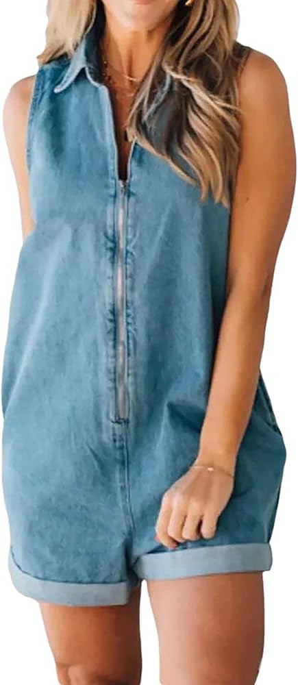 Women's Sleeveless Short Denim Rompers Zip Up Lapel Folding Hem Jean Jumpsuit Shorts with Pocket | Amazon (US)