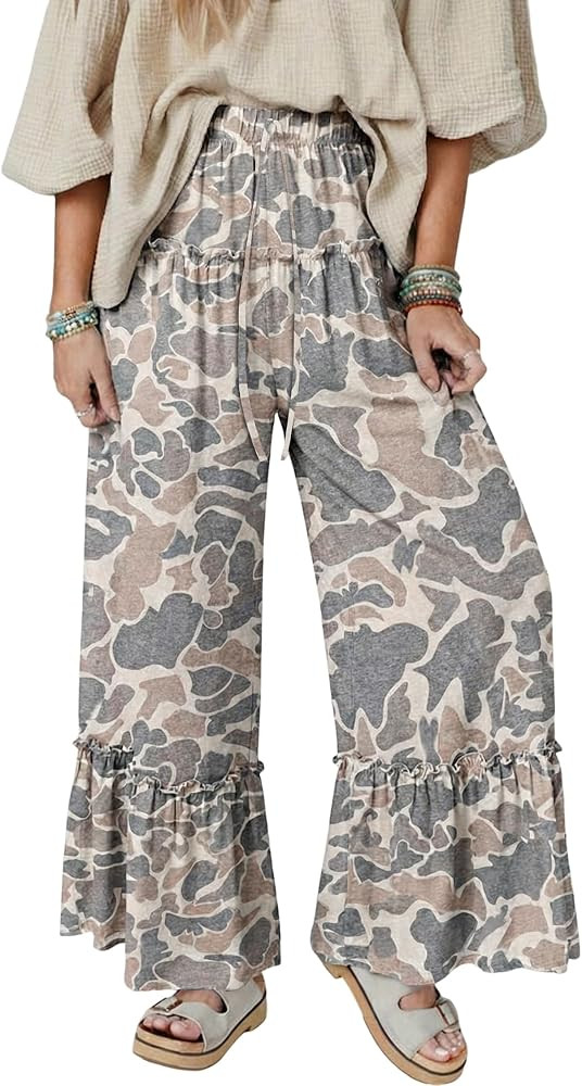 Womens Camo Print Wide Leg Pants Casual Drawstring Loose Flowy Trousers | Amazon (US)