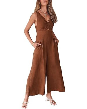 ANRABESS Women's Summer Wide Leg Linen Jumpsuits Dressy V Neck Sleeveless Casual Pants Rompers 20... | Amazon (US)