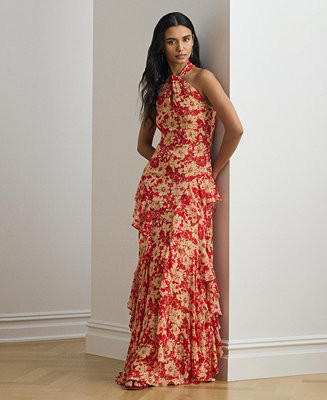 Women's  Floral Ruffle-Trim Georgette Halter Gown | Macy's