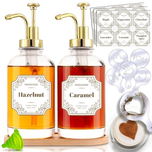 Moccado Glass Coffee Syrup Dispenser for Coffee Bar - Set of 2 Gold 500 ml / 16.9 oz Glass Syrup Bottles, Includes Bamboo Tray, 16 Stencils, Labels, Coffee Bar Accessories | Amazon (US)