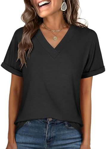 ANRABESS Womens T Shirts Short Sleeve V Neck Shirts Summer Loose Fit Dressy Tops Business Casual ... | Amazon (US)