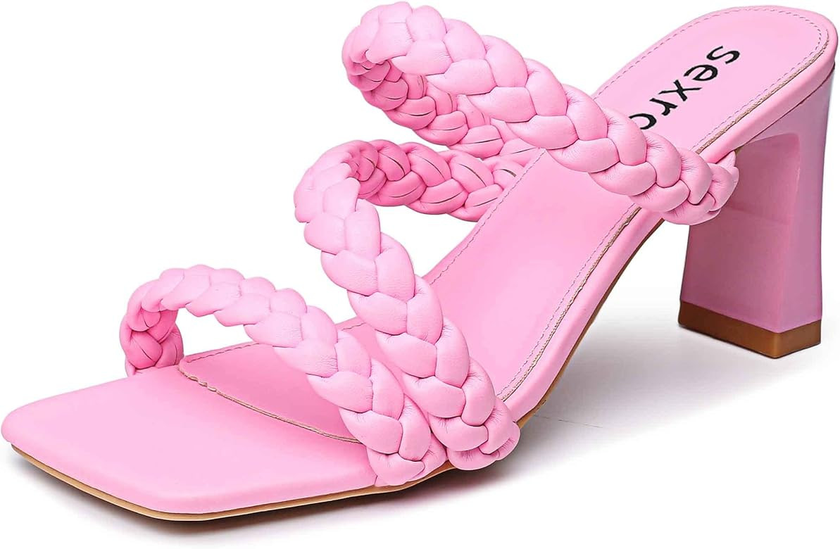 Women's Braided Square Heels Sandals Strappy Block Chunky Heel Mules Slip On Open Toe Open Back Fash | Amazon (US)