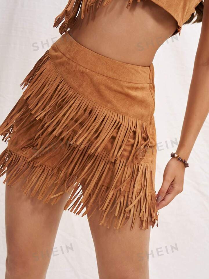 SHEIN WYWH WYWH Women Vacation Suede Fringed Brown Skirt, For Music Festival, Bohemian Style | SHEIN