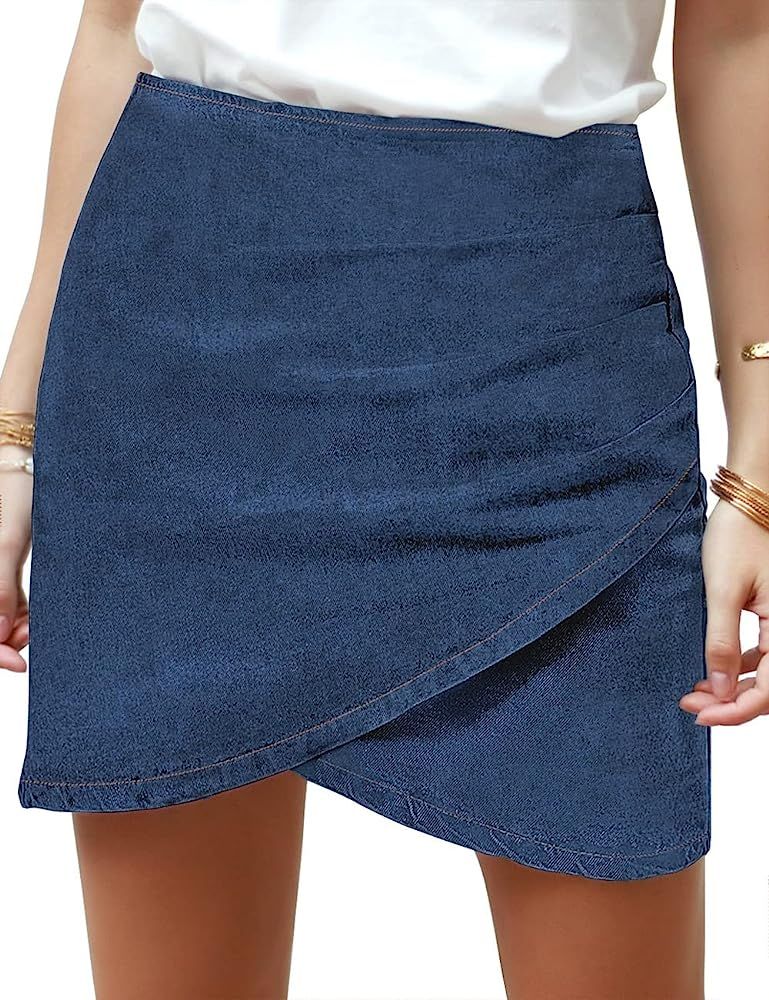 Vetinee Women's Tulip Hem Shirred Washed Casual Bodycon Short Jean Denim Skirt | Amazon (US)