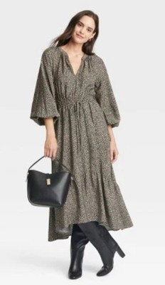 NWT! A New Day Women's Brown/Black Print Balloon L/S Tiered Midi Dress Large B#6 | eBay US