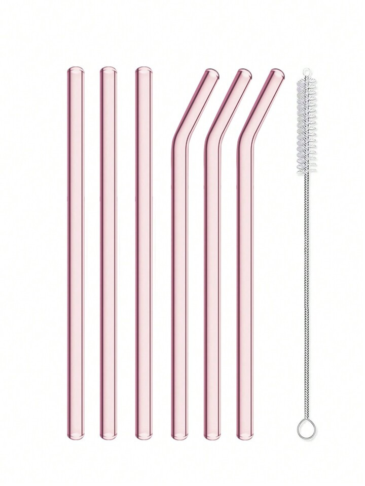 6pcs Pink Glass Straws With Cleaning Brush Set For Coffee, Beverages And Juices | SHEIN