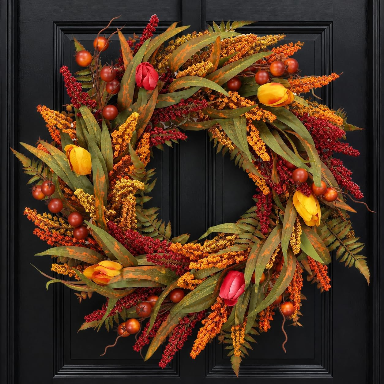 24" Fall Wreath for Front Door,Cattails Berries Thanksgiving Autumn Wreaths | Amazon (US)