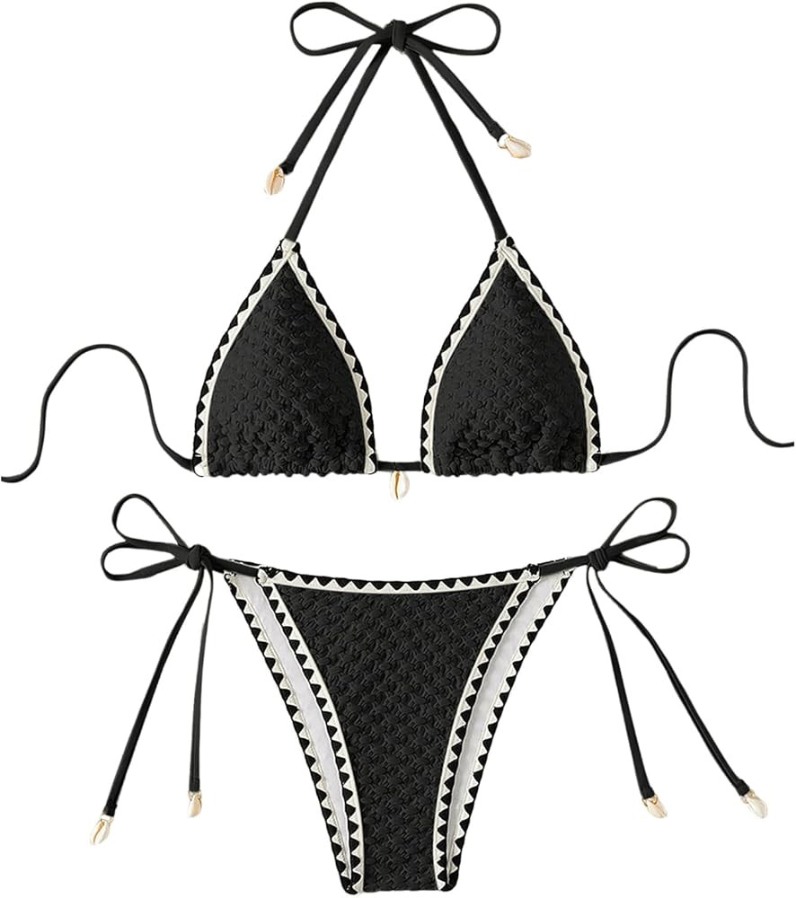 SHENHE Women's 2 Piece Triangle Tie Side Beach Bikini Sets Geo Print Halter Swimsuit Bathing Suit | Amazon (US)