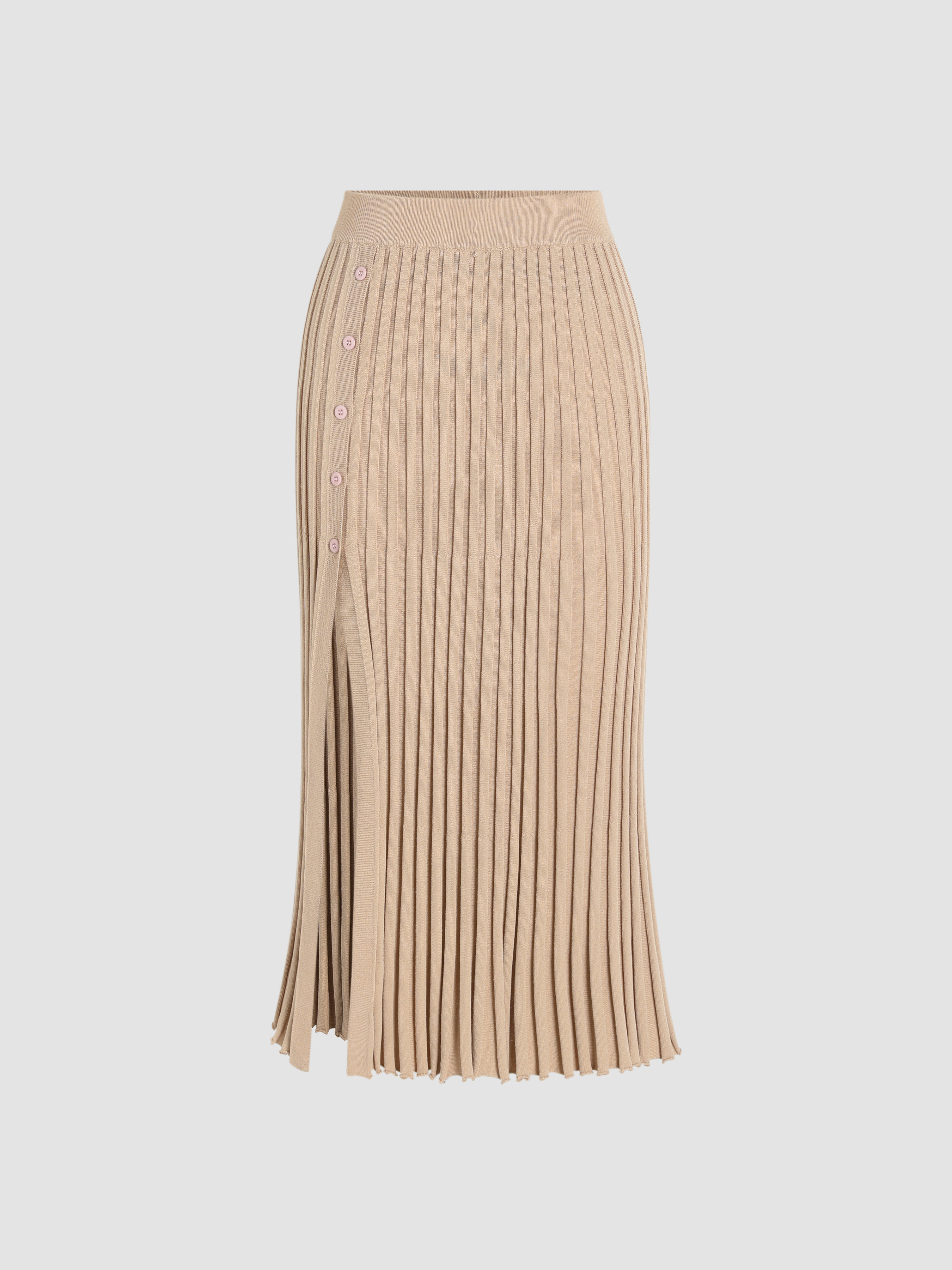 Knit Fabric Solid Pleated Split Knitted Midi Skirt For Coffee Shop Work | Cider