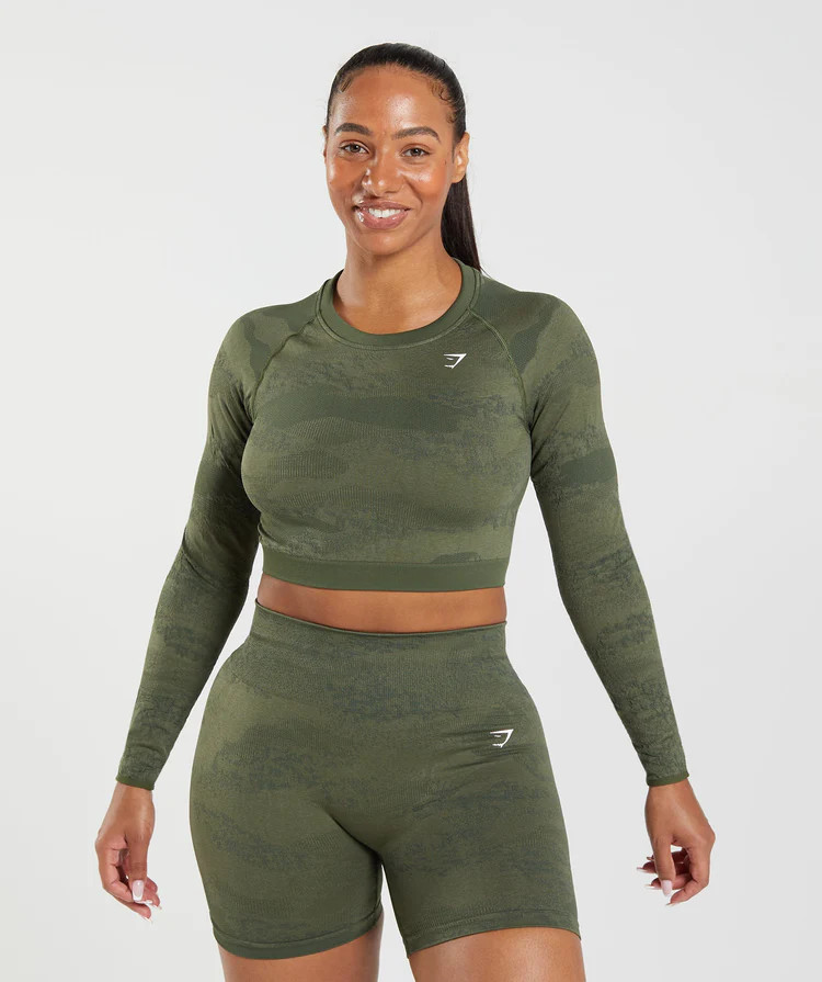 Gymshark Adapt Camo Seamless Lace Up Back Top - Moss Olive/Core Olive | Gymshark US