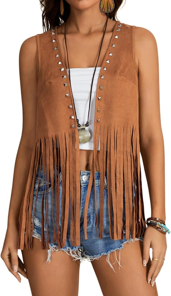 Verdusa Women's Fringe Rivets Sleeveless Vest Cardigan Casual Tassel Outerwear | Amazon (US)