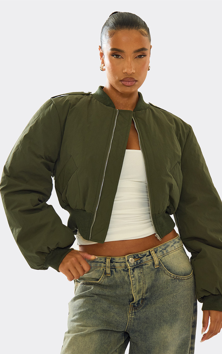 Long Sleeve Oversized Padded Crop Bomber Jacket In Khaki Green | EGO Shoes (US & Canada)