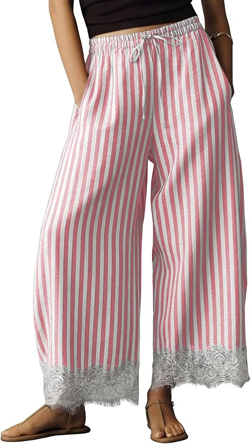 MINSURE Women's Striped Wide Leg Pants Drawstring Waist Lace Hem Cropped Trousers Casual Flowy Su... | Amazon (US)