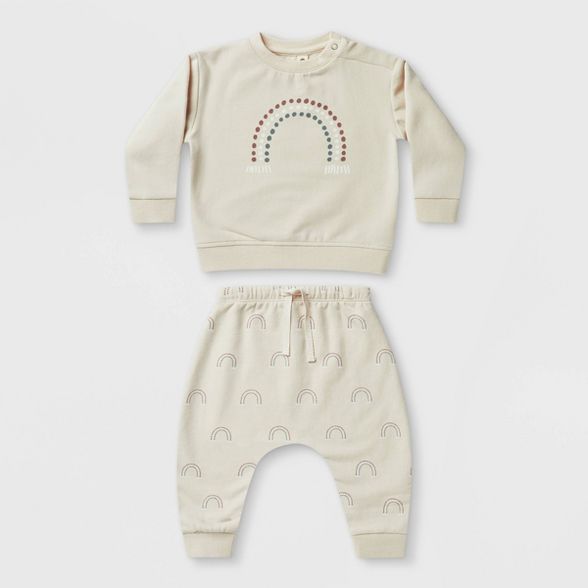 Q by Quincy Mae Baby 2pc Rainbow Fleece Sweatshirt & Sweatpants Set - Cream | Target