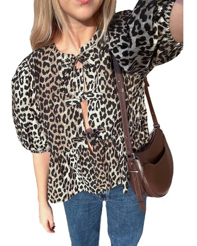 Women Tie Front Puff Sleeve Blouse Peplum Shirt Cute Casual Babydoll Tops Teen Girls Cute Summer Tops Leopard Print | Amazon (US)