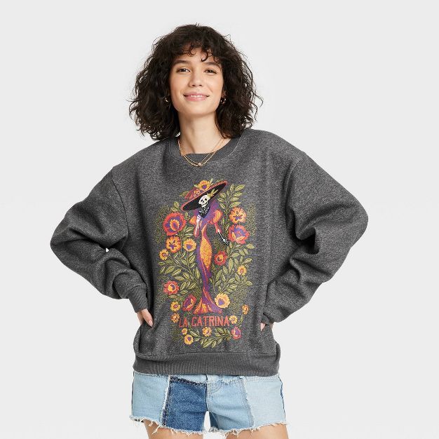 Women's Dia De Los Muertos Floral Celebration Graphic Sweatshirt - Charcoal Gray | Target