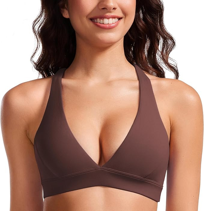 CRZ YOGA Butterluxe Deep V-Neck Sports Bras for Women - Spaghetti Strap Criss Cross Padded Top Lo... | Amazon (US)