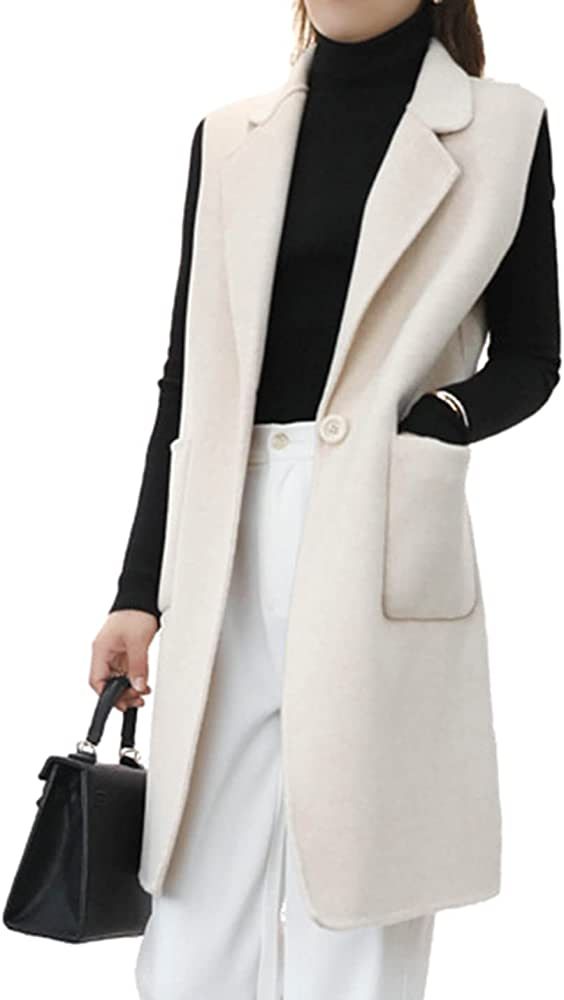 PUWEI Women's Notched Lapel Outerwear Vest Sleeveless Pocket Midi Wool Blazer Jacket | Amazon (US)