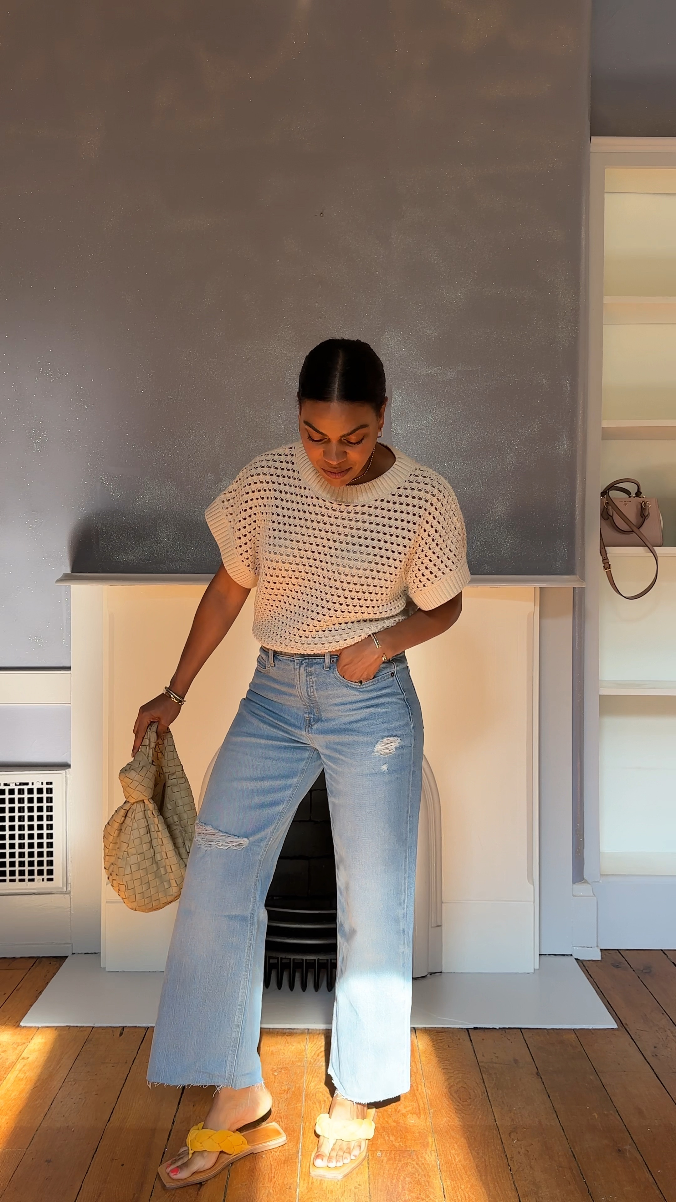 Cutest high waist jeans (on sale for $40!) and summer sweater plus slides.  All true to size! I cut the jeans to my desired length!