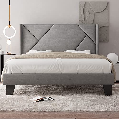 iPormis Queen Size Platform Bed Frame with Wingback, Geometric Upholstered Bed Frame with Headboard, | Amazon (US)