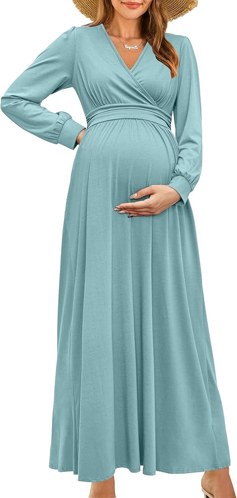 OUGES Maternity Maxi Dress Wrap V Neck Baby Shower Pregnancy Dresses for Photoshoot | Amazon (US)