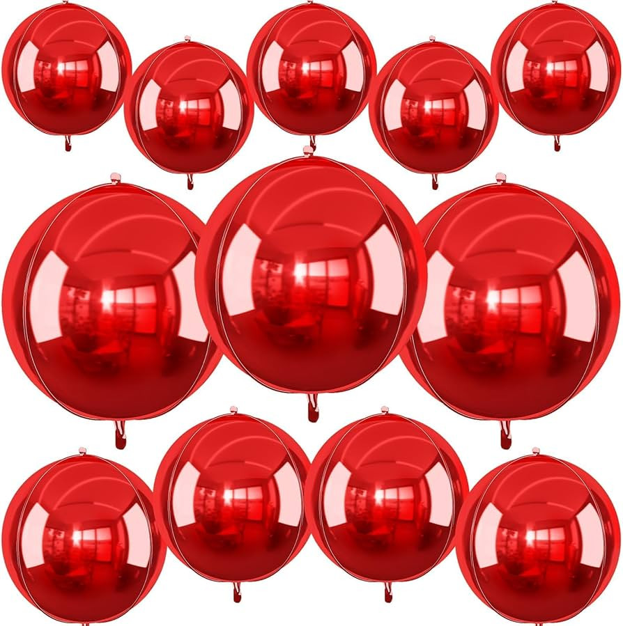 12Pcs Red Round Foil Balloons, 22" 15" 10" 4D Ball Balloons, Metallic Red Foil Balloon for Weddin... | Amazon (US)