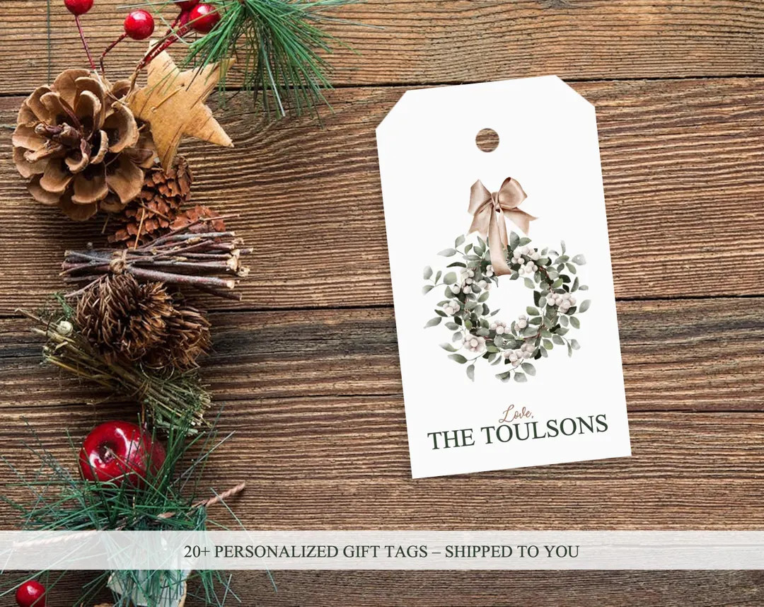 PRINTED Personalized Christmas Gift Tags Set of 20 Eucalyptus Wreath Cardstock Tags for Presents ... | Etsy (US)