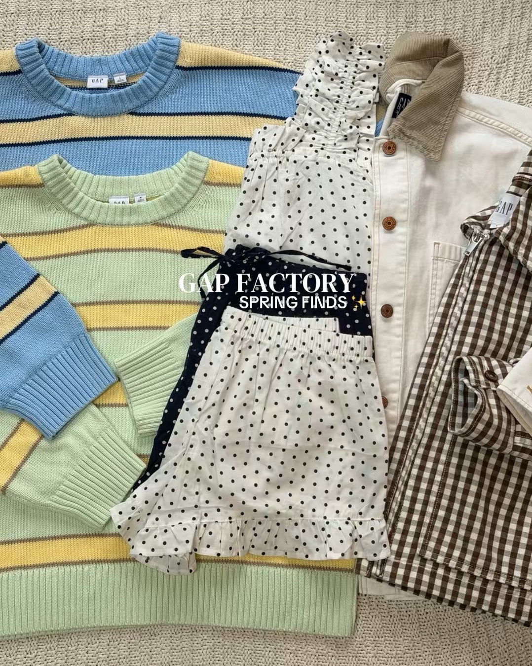 Spring gap factory finds! ✨🌸🌷SIZING: 
Jackets: small
Shorts/pants: xs
Green sweater: medium
Blue sweater: large


#LTKSaleAlert #LTKSeasonal #LTKootd