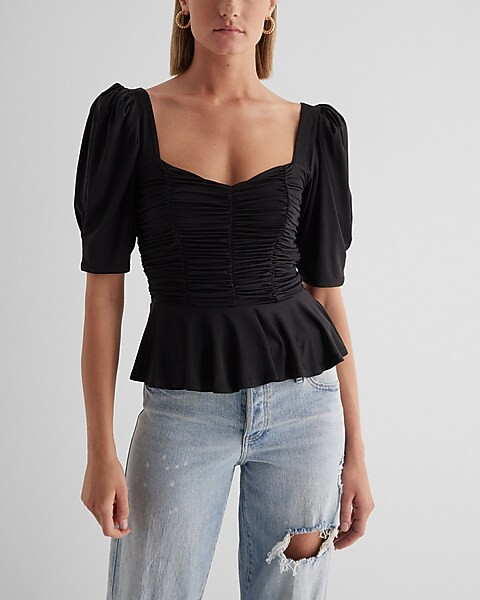 Puff Sleeve Ruched Peplum Top | Express