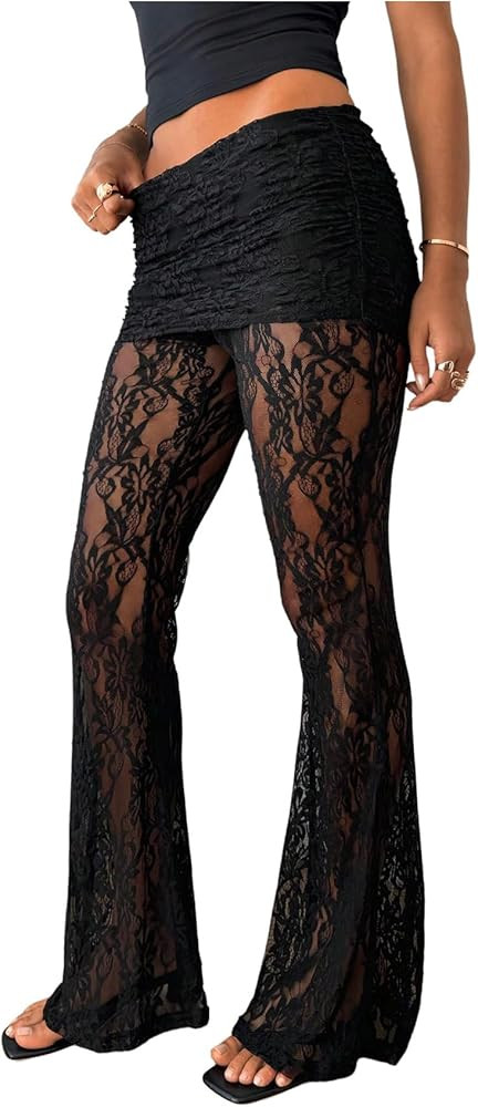 Verdusa Women's Lace Pants Floral Sheer Mesh Flare Leggings Elastic Long Trousers Going Out Botto... | Amazon (US)
